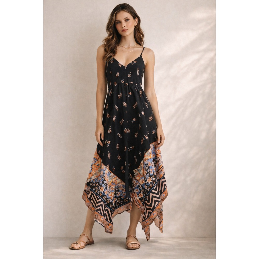 Express Boho Handkerchief Hem Floral Dress Black Orange Womens S